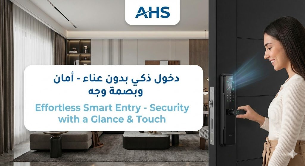 Woman opening her front door with a face recognition smart lock